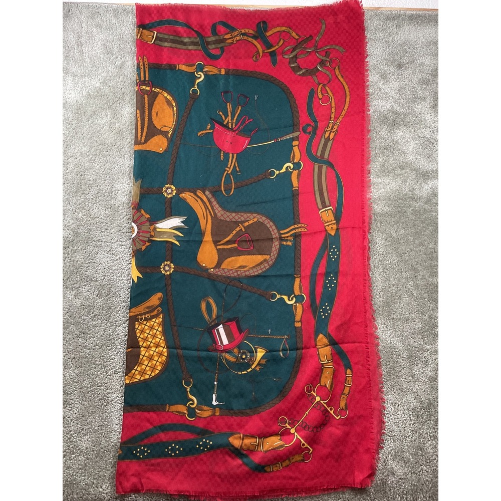 Vintage Women's OS Red Equestrian Saddle Print Fringed Made in Italy 46"x46"